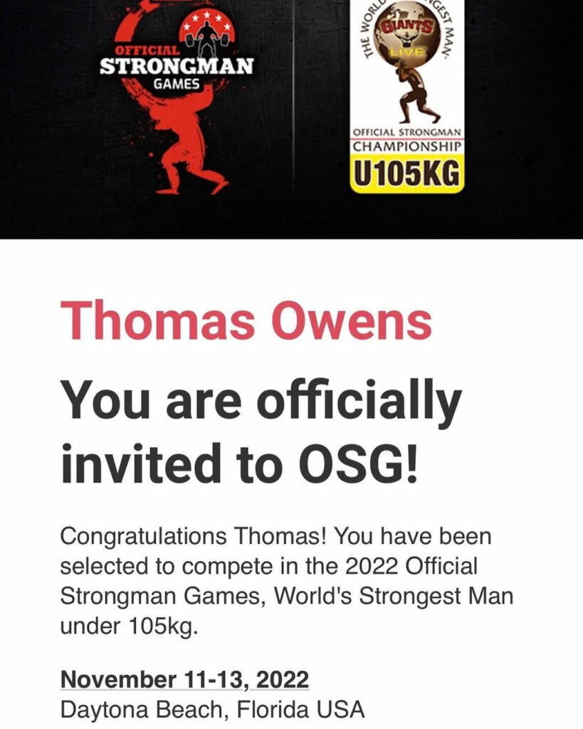 Tom Owens invite to the Official Strongman Games