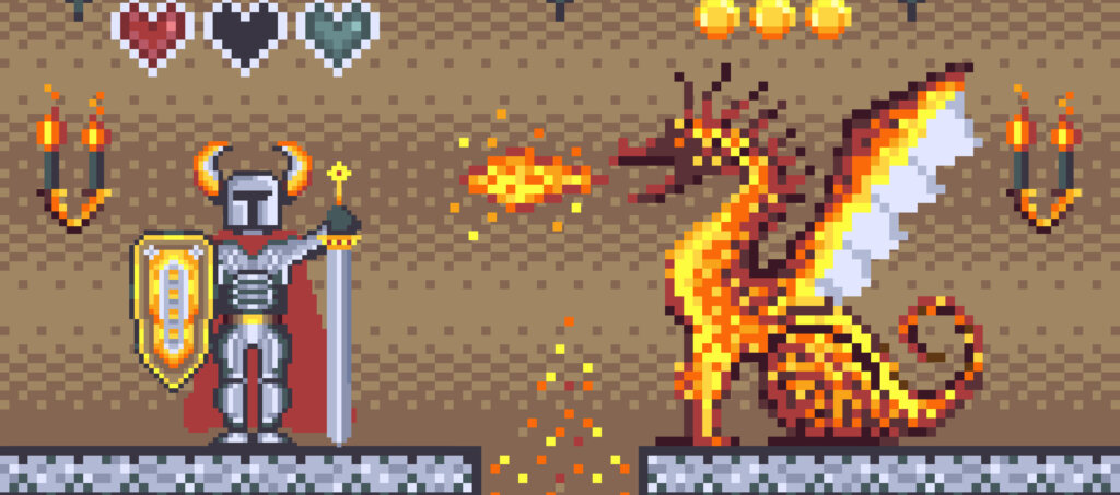 Pixel art knight and fire breathing dragon on lava dungeon RPG game location. 8 bit adventure fantasy roleplaying game boss scene with hero and dragon fight.