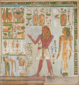 Howard Carter, Tuthmoses I with his mother, Sensenet, from the Temple of Hatshepsut at Deir el - Bahari, Shrine of Anubis (1894). Courtesy of the Egypt Exploration Society